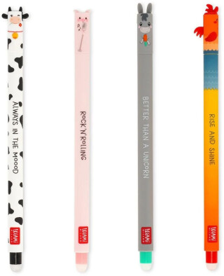Set 4 gumovacích per Legami Farm Sweet Farm - Set Of 4 Erasable Gel Pens - Cow + Piggy + Donkey + Rooster - 0.7 mm - Black/Pink/ - 